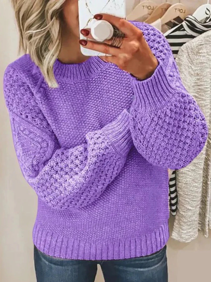 Women's Mixed Knit Crewneck Sweater with Textured Sleeves