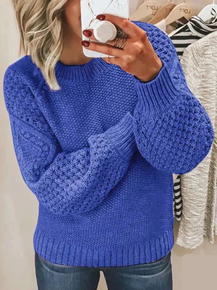 Women's Mixed Knit Crewneck Sweater with Textured Sleeves