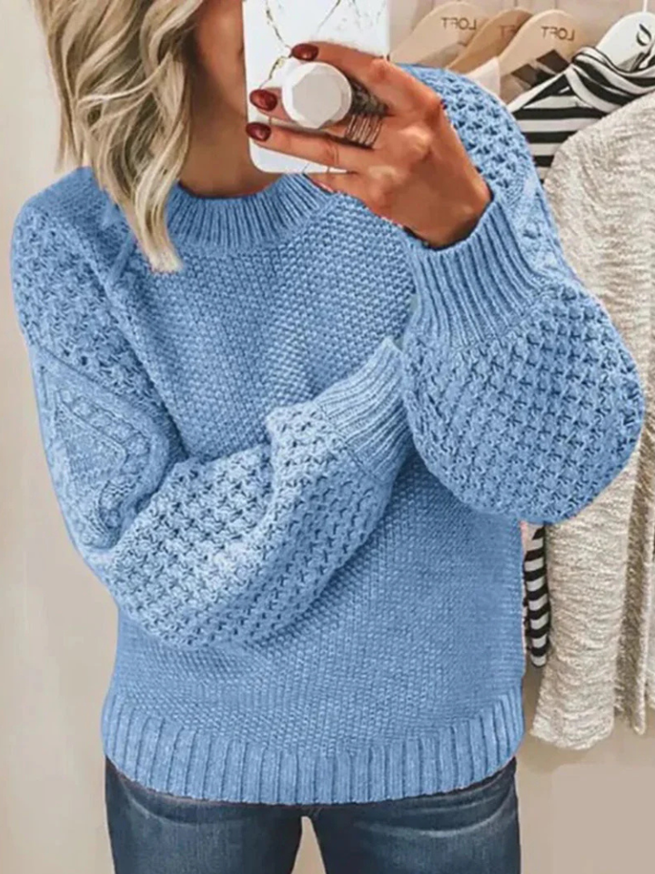 Women's Mixed Knit Crewneck Sweater with Textured Sleeves
