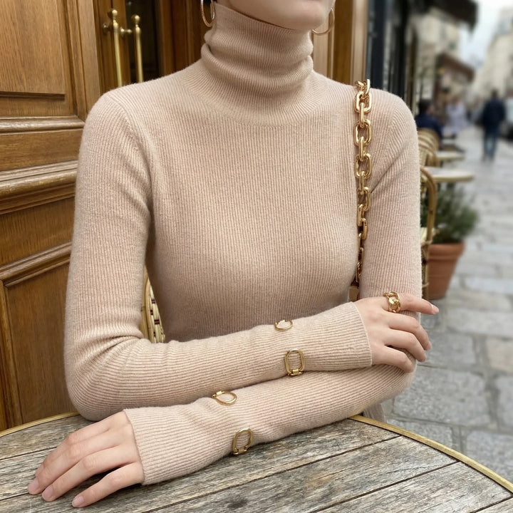 Camille | Fine Rib Turtleneck Sweater with Extended Cuffs for Women