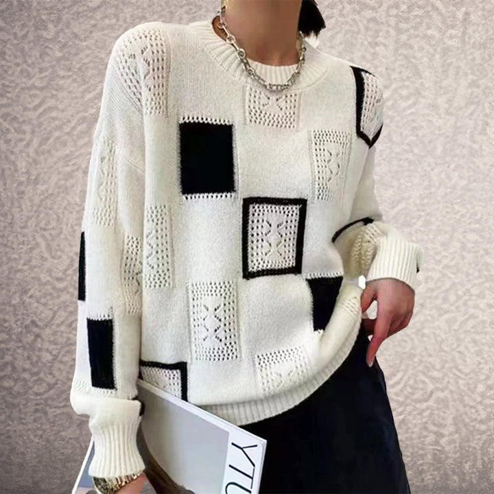 Women's Black and White Checkered Knit Sweater with Cable Detail