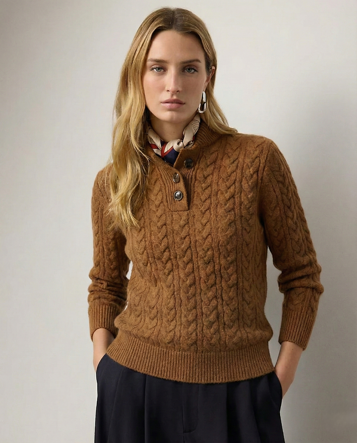 Arden Women's Cable-Knit Button-Up Stand Collar Sweater in Camel Brown