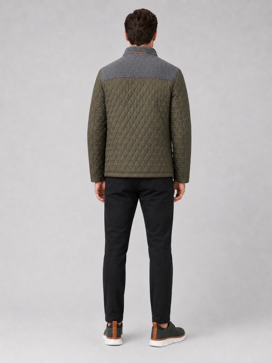 Men's Quilted Colorblock Jacket with Tweed Yoke and Snap-Button Front