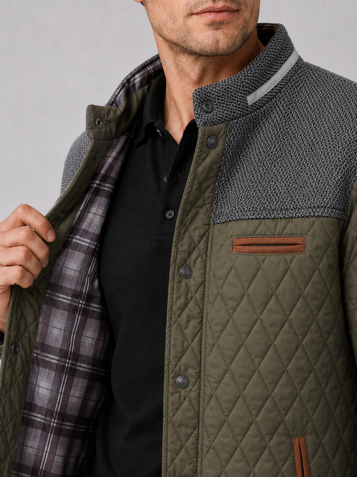 Men's Quilted Colorblock Jacket with Tweed Yoke and Snap-Button Front