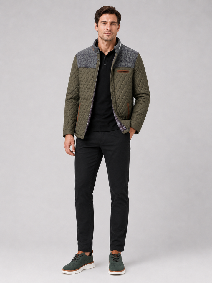 Men's Quilted Colorblock Jacket with Tweed Yoke and Snap-Button Front