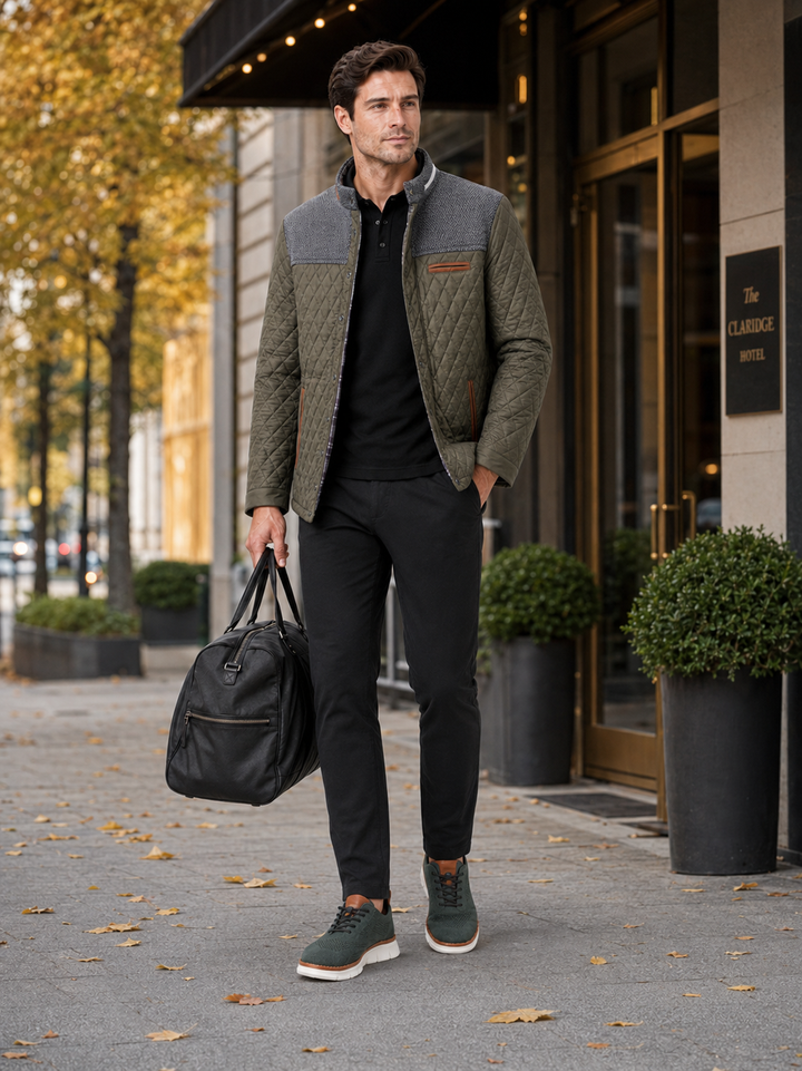 Men's Quilted Colorblock Jacket with Tweed Yoke and Snap-Button Front