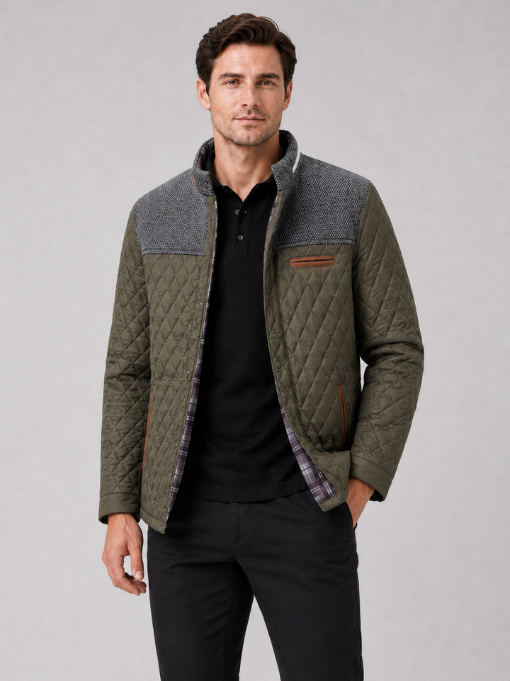 Men's Quilted Colorblock Jacket with Tweed Yoke and Snap-Button Front