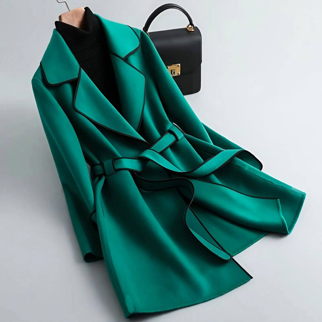 Women's Camel Wool Blend Belted Coat with Contrast Piping and Wide Lapel