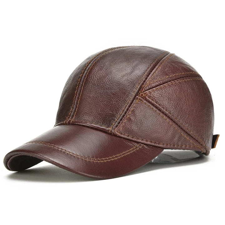 Genuine Leather Vintage Panel Baseball Cap with Adjustable Strap
