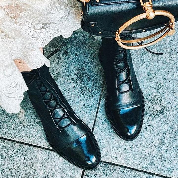 Black Leather Lace-Up Ankle Boots with Cap Toe and Flat Sole