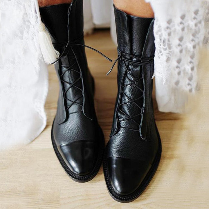 Black Leather Lace-Up Ankle Boots with Cap Toe and Flat Sole