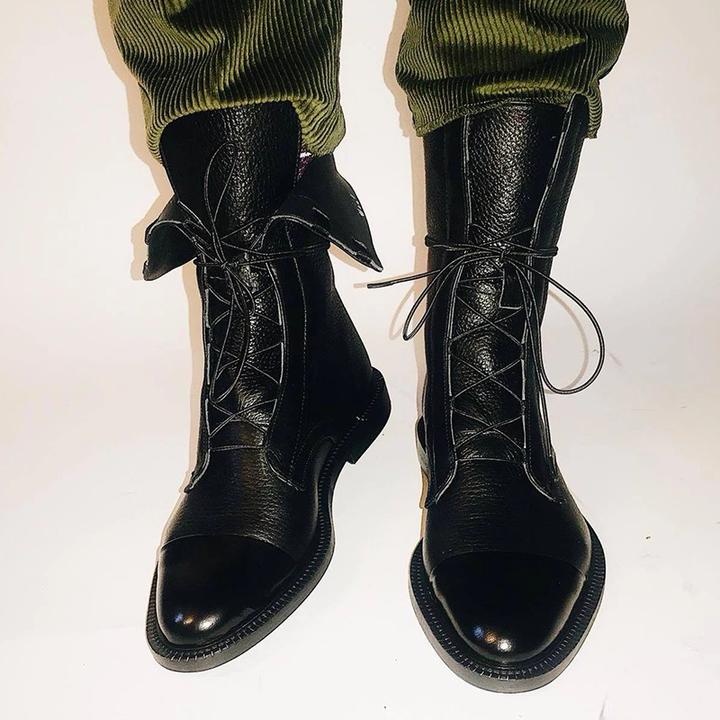 Black Leather Lace-Up Ankle Boots with Cap Toe and Flat Sole