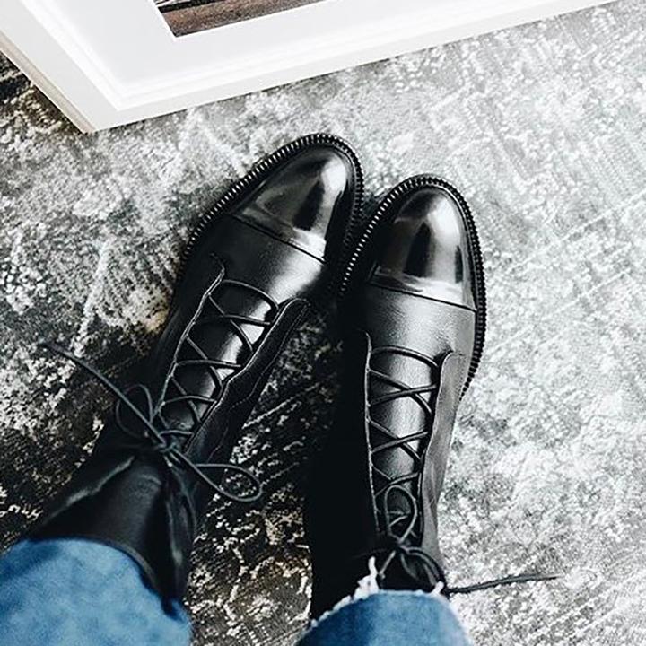 Black Leather Lace-Up Ankle Boots with Cap Toe and Flat Sole