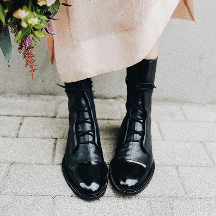 Black Leather Lace-Up Ankle Boots with Cap Toe and Flat Sole