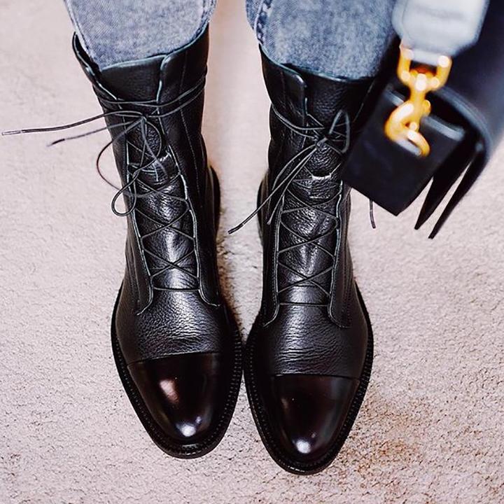 Black Leather Lace-Up Ankle Boots with Cap Toe and Flat Sole