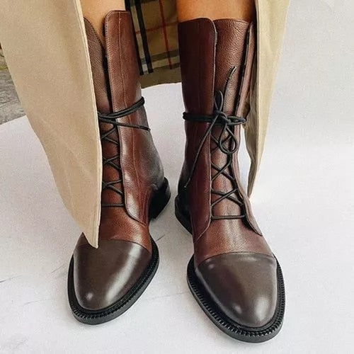 Black Leather Lace-Up Ankle Boots with Cap Toe and Flat Sole