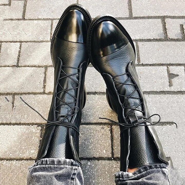 Black Leather Lace-Up Ankle Boots with Cap Toe and Flat Sole