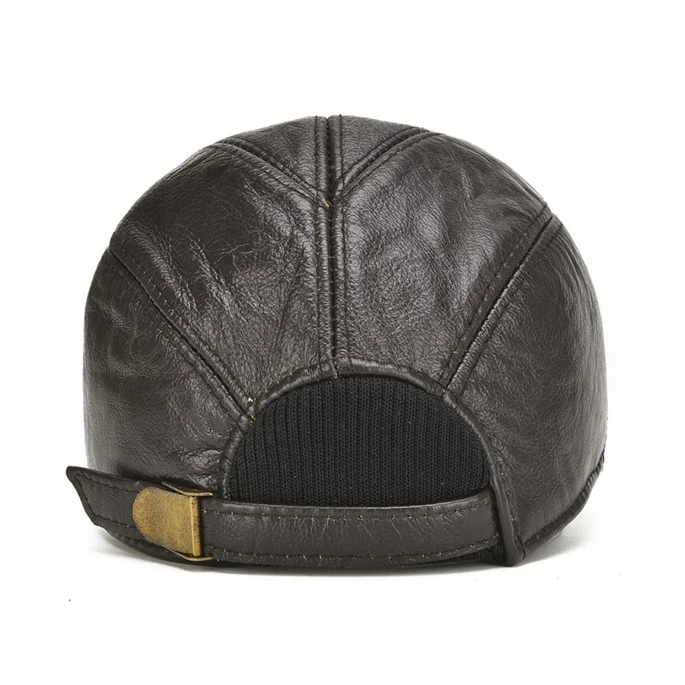 Genuine Leather Vintage Panel Baseball Cap with Adjustable Strap