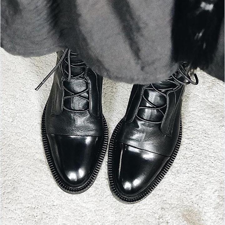 Black Leather Lace-Up Ankle Boots with Cap Toe and Flat Sole