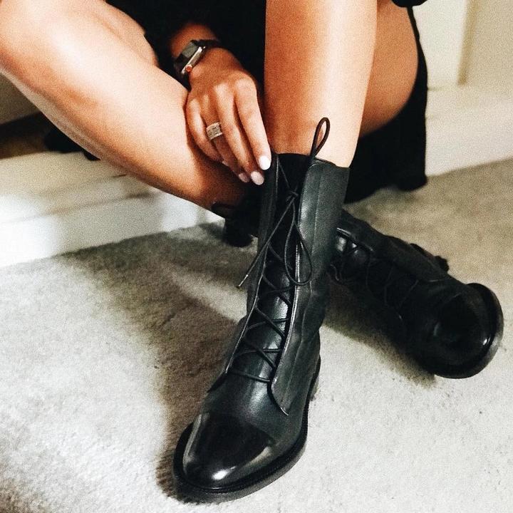 Black Leather Lace-Up Ankle Boots with Cap Toe and Flat Sole