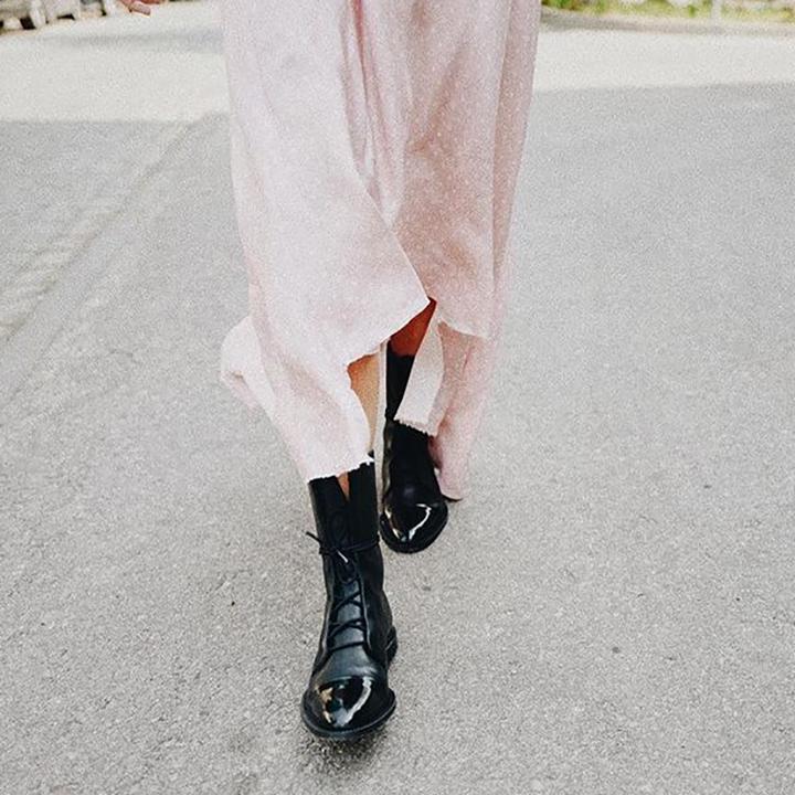 Black Leather Lace-Up Ankle Boots with Cap Toe and Flat Sole