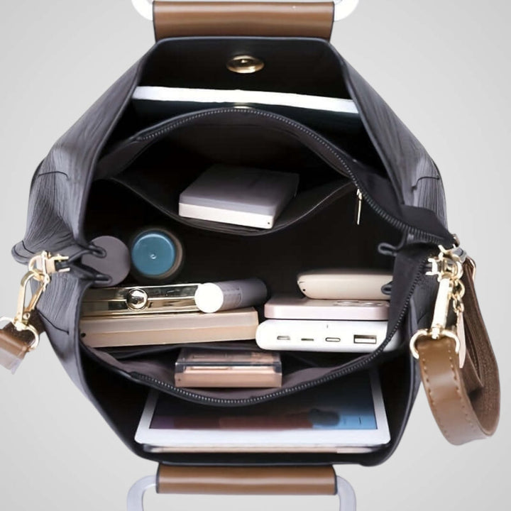 Two-Tone Faux Leather Structured Handbag with Crossbody Strap