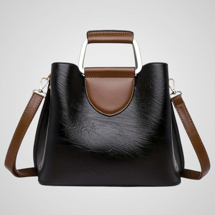 Two-Tone Faux Leather Structured Handbag with Crossbody Strap