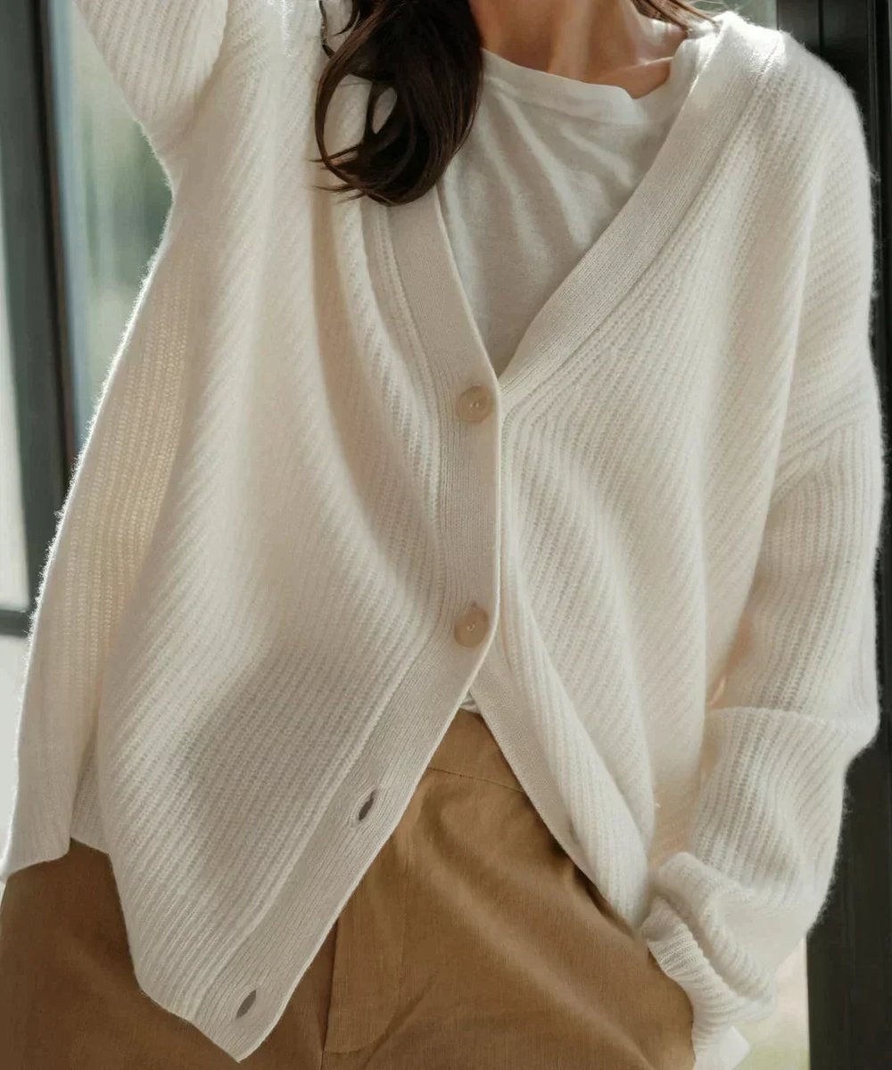 Isabella Women's Cashmere Ribbed Cardigan in Relaxed V-Neck Button-Front Style