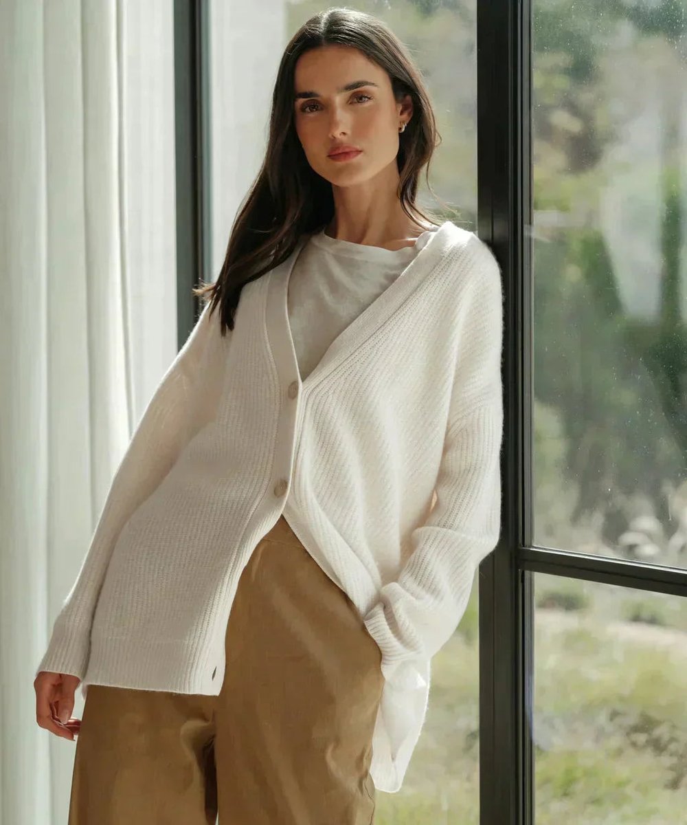 Isabella Women's Cashmere Ribbed Cardigan in Relaxed V-Neck Button-Front Style