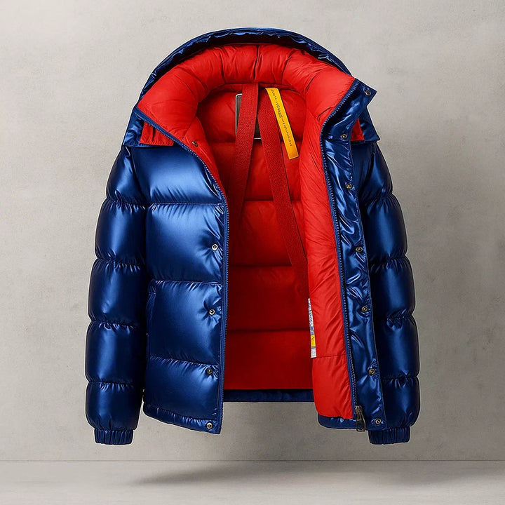 Men's Glossy Blue Hooded Puffer Jacket with Contrast Red Lining