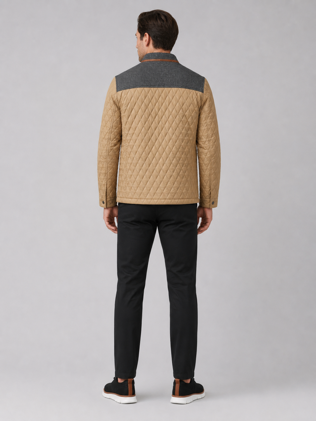 Men's Quilted Colorblock Jacket with Tweed Yoke and Snap-Button Front