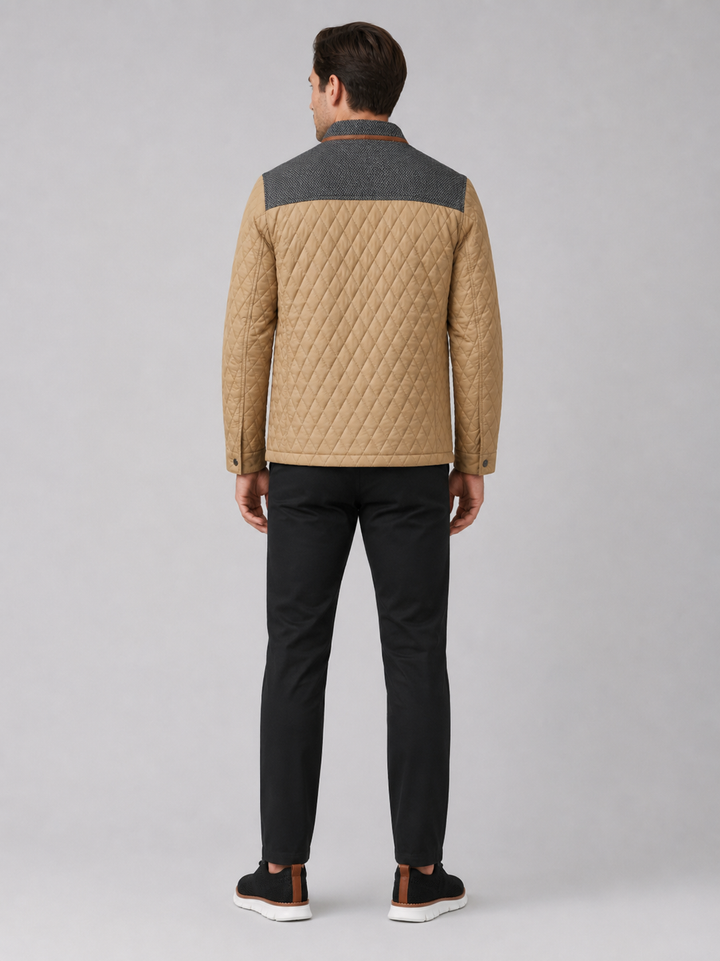 Men's Quilted Colorblock Jacket with Tweed Yoke and Snap-Button Front