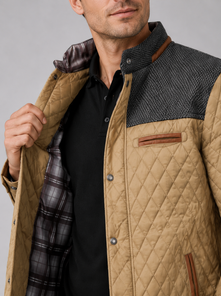 Men's Quilted Colorblock Jacket with Tweed Yoke and Snap-Button Front