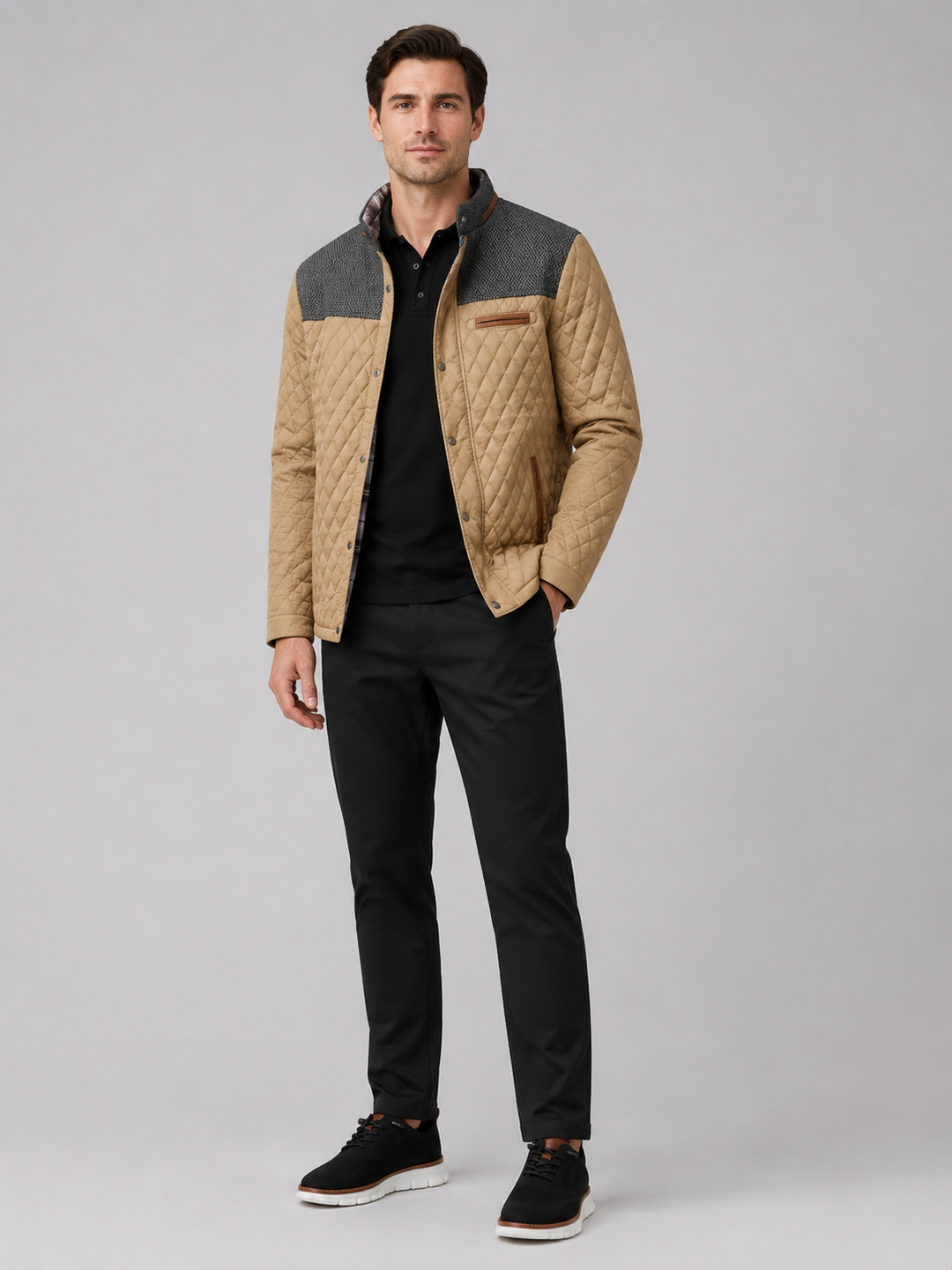 Men's Quilted Colorblock Jacket with Tweed Yoke and Snap-Button Front