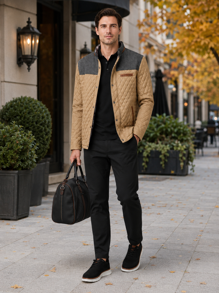 Men's Quilted Colorblock Jacket with Tweed Yoke and Snap-Button Front
