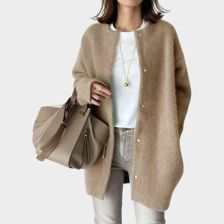 Women's Oversized Knit Cardigan with Button Front in Camel