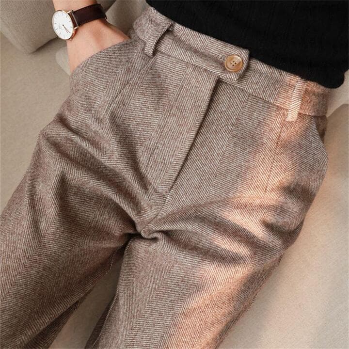 Women's Herringbone Tailored Trousers with Cuffed Hem and Button Detail