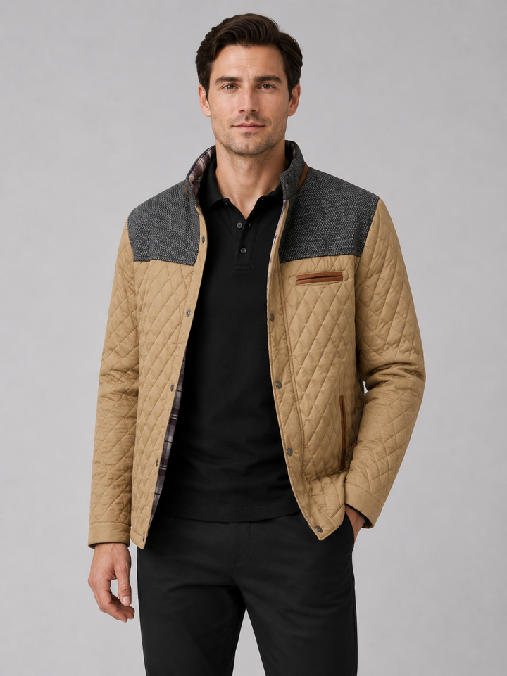 Men's Quilted Colorblock Jacket with Tweed Yoke and Snap-Button Front