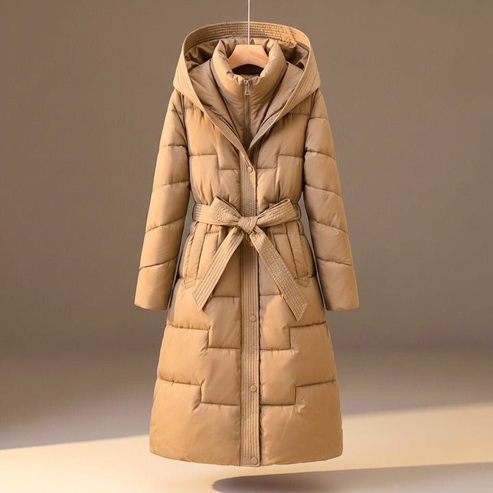 Anastasia Women's Quilted Hooded Long Puffer Coat with Belt