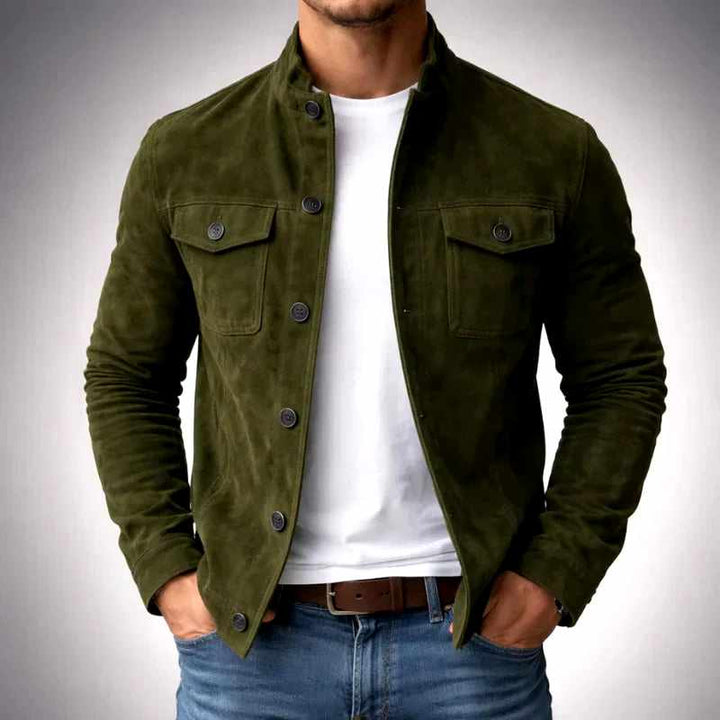 Men's Slim Fit Suede Button-Front Jacket with Stand Collar in Olive Green