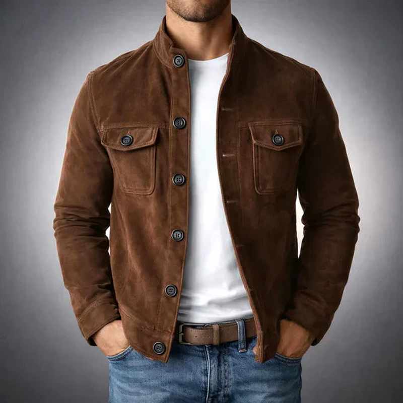 Men's Slim Fit Suede Button-Front Jacket with Stand Collar in Olive Green