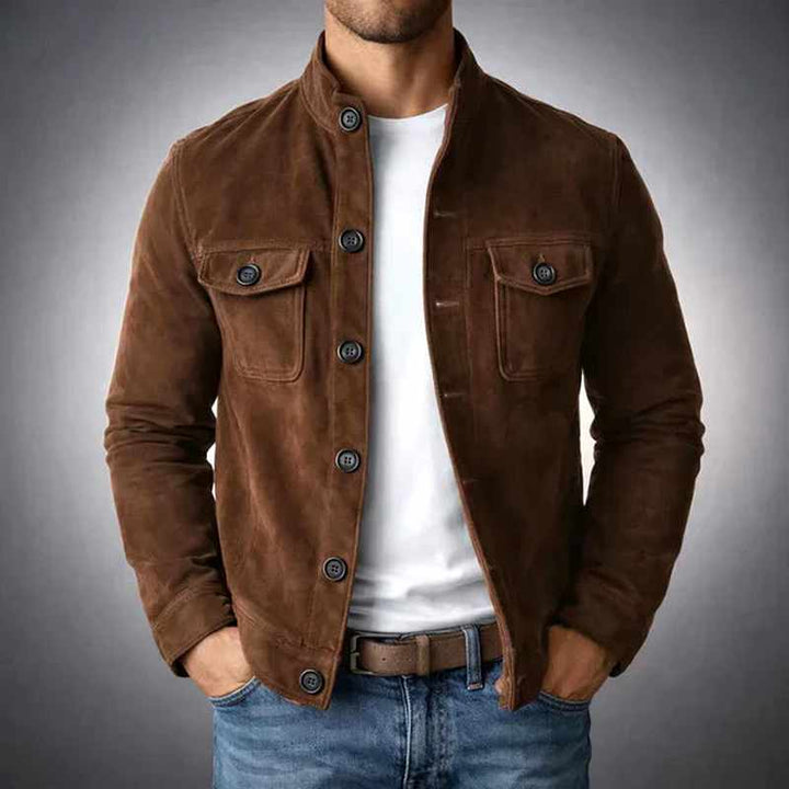 Men's Slim Fit Suede Button-Front Jacket with Stand Collar in Olive Green