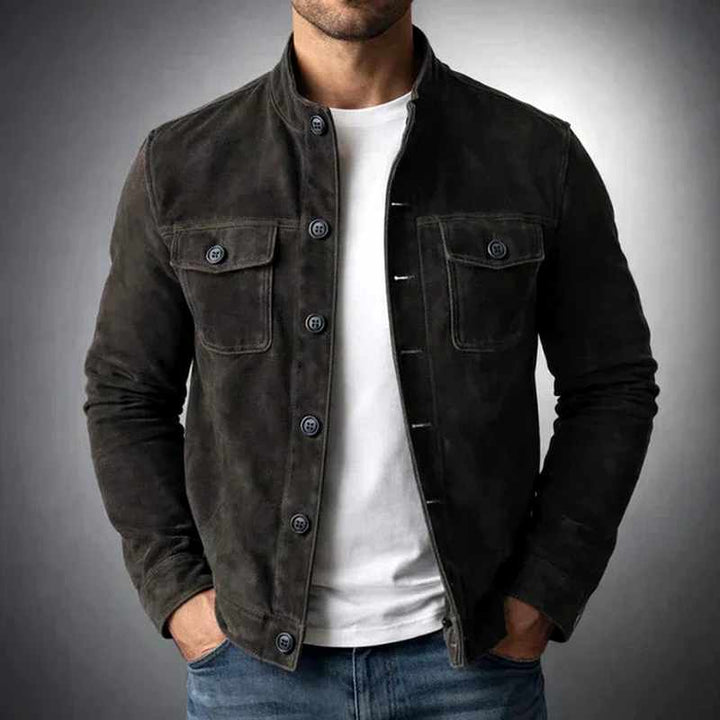 Men's Slim Fit Suede Button-Front Jacket with Stand Collar in Olive Green