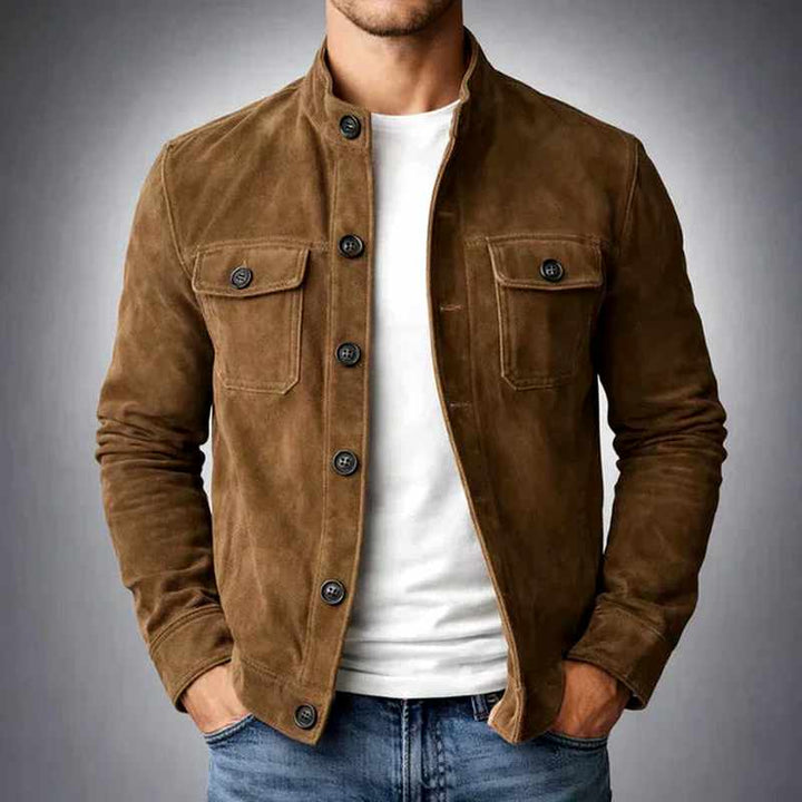 Men's Slim Fit Suede Button-Front Jacket with Stand Collar in Olive Green