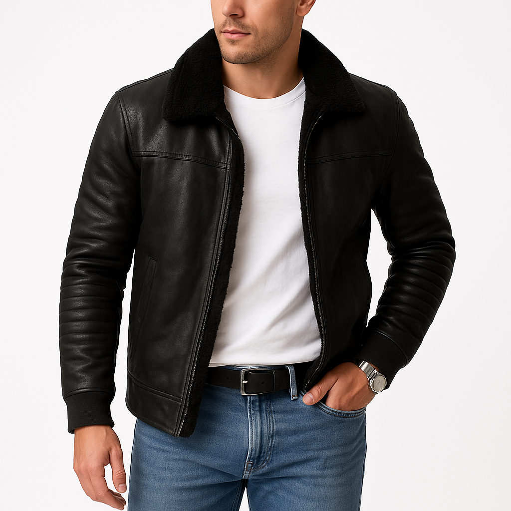 Haven Beck Men's Black Shearling-Lined Bomber Jacket with Ribbed Sleeves