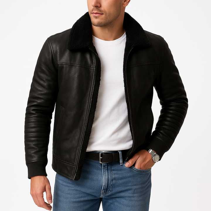 Haven Beck Men's Black Shearling-Lined Bomber Jacket with Ribbed Sleeves