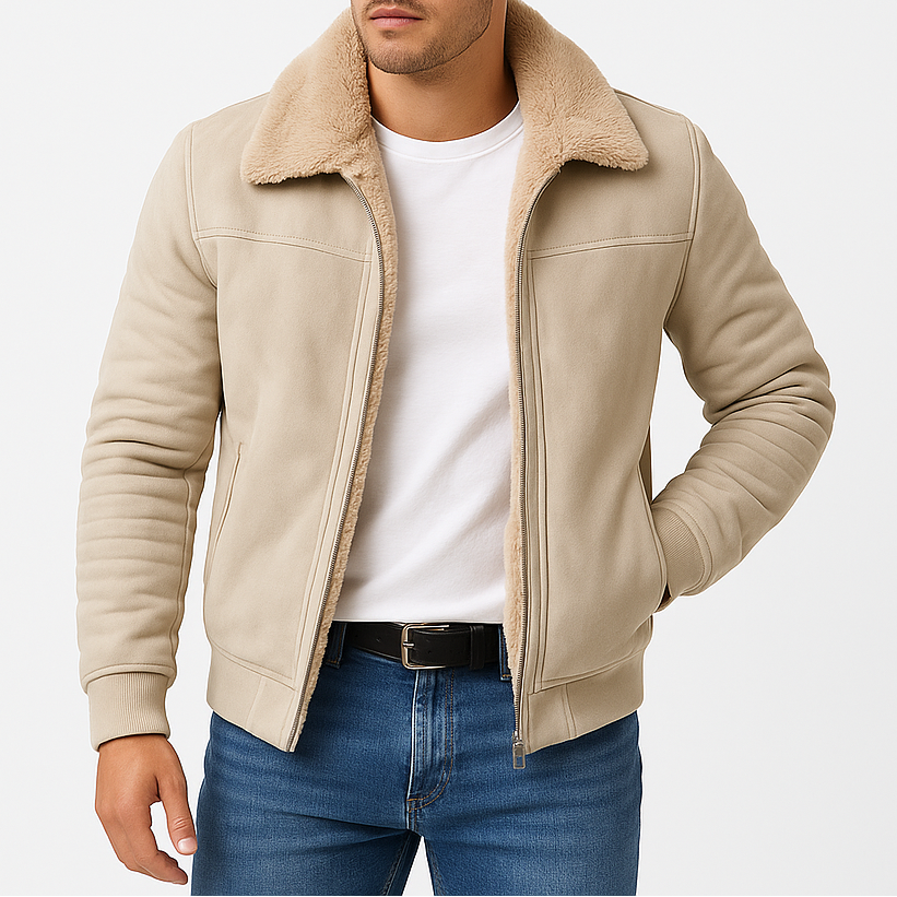 Haven Beck Men's Black Shearling-Lined Bomber Jacket with Ribbed Sleeves