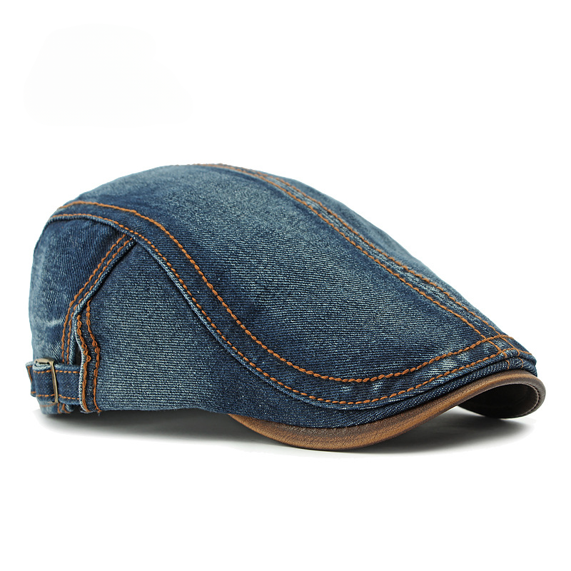 Men's Denim Flat Cap with Contrast Stitching and Adjustable Buckle