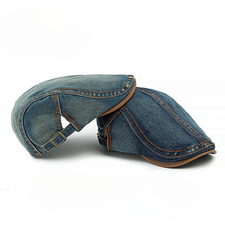 Men's Denim Flat Cap with Contrast Stitching and Adjustable Buckle