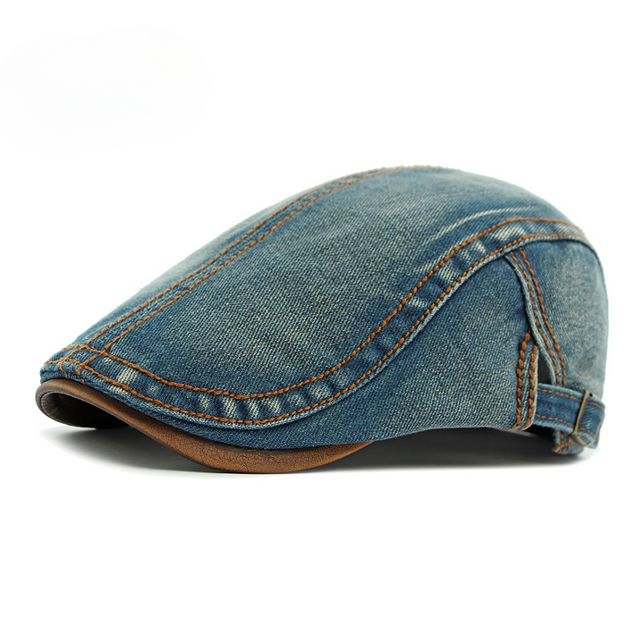 Men's Denim Flat Cap with Contrast Stitching and Adjustable Buckle